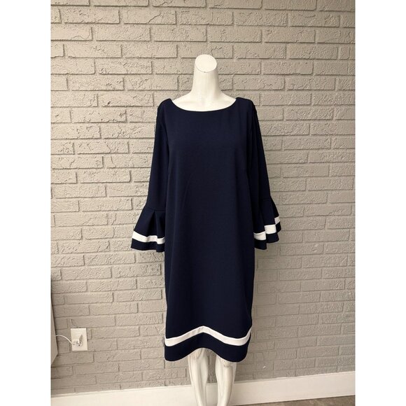 R&M Women Navy Inverted Pleat 3/4 Length Sleeve Sheath Dress Size 18 - Picture 2 of 9